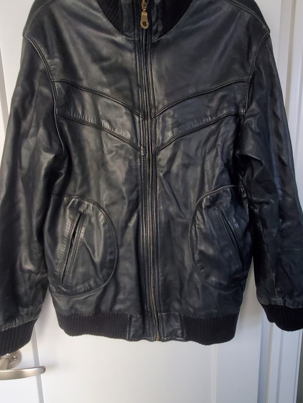 Men's Black Leather Bomber Jacket with Zip Front